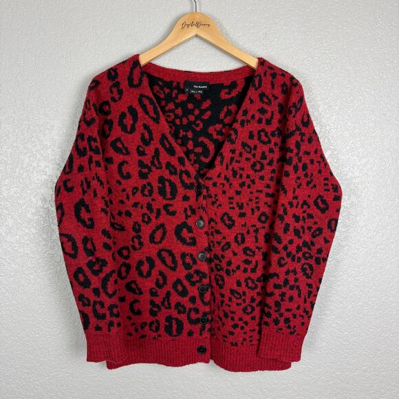 The Kooples Red Leopard Cardigan S Merino Wool Blend Mobwife Animal Print Button - Picture 2 of 6